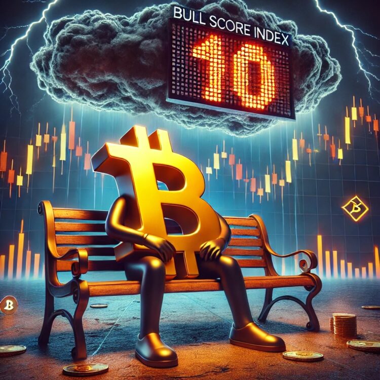 Dall·e 2025 04 03 17.10.16 A Symbolic And Creative Digital Illustration Representing Worsening Bitcoin Market Sentiment As The Bull Score Index Drops To 10. A Dejected Golden Bi.jpg