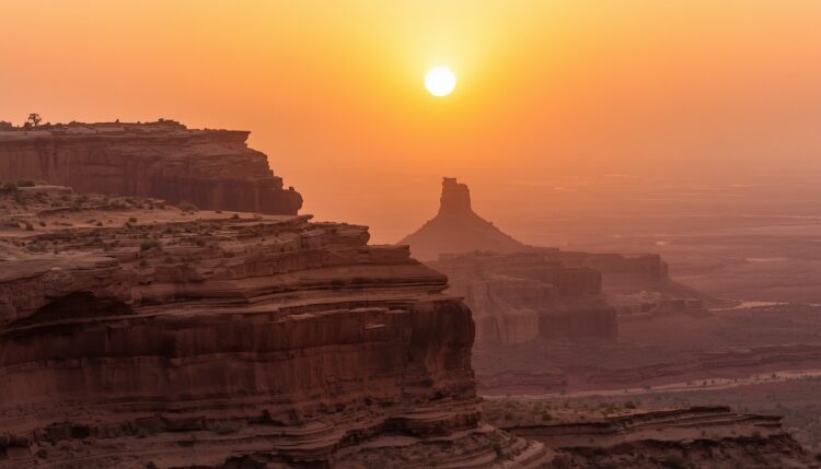 Lucid origin photograph of layered sandstone cliffs under a hazy sunset burnt sienna and mute 0.jpg